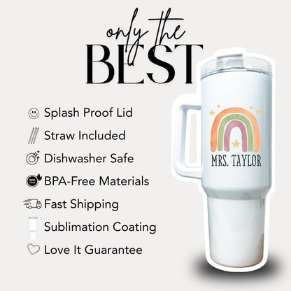 Personalized Rainbow 40oz Tumbler with Handle & Straw Bridal Engagement Bachelorette or Bride Gift Travel Tumbler Future Mrs Gift Mug Idea