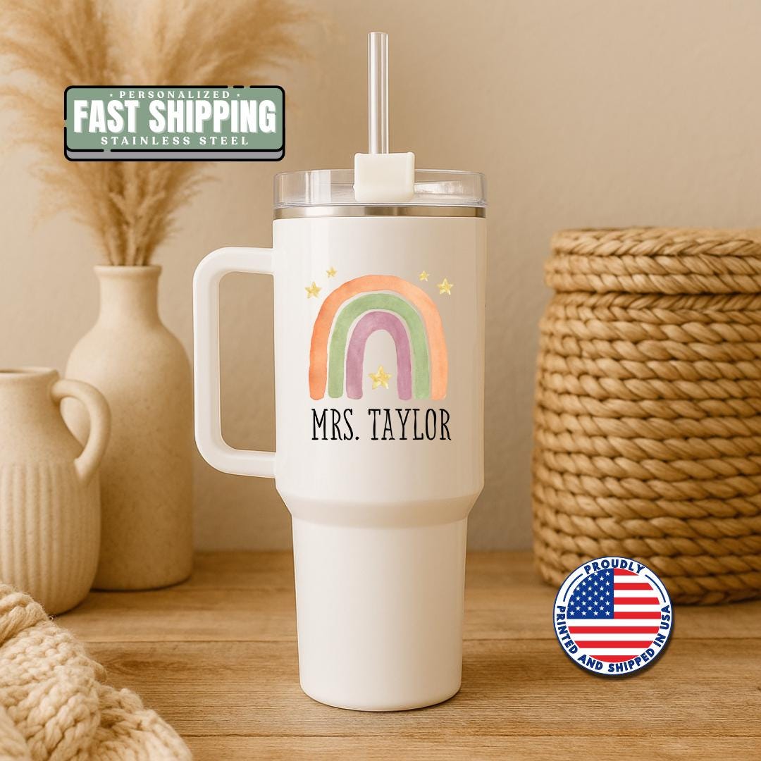 Personalized Rainbow 40oz Tumbler with Handle & Straw Bridal Engagement Bachelorette or Bride Gift Travel Tumbler Future Mrs Gift Mug Idea