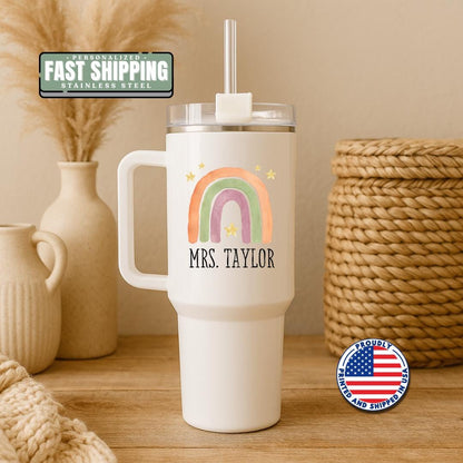 Personalized Rainbow 40oz Tumbler with Handle & Straw Bridal Engagement Bachelorette or Bride Gift Travel Tumbler Future Mrs Gift Mug Idea