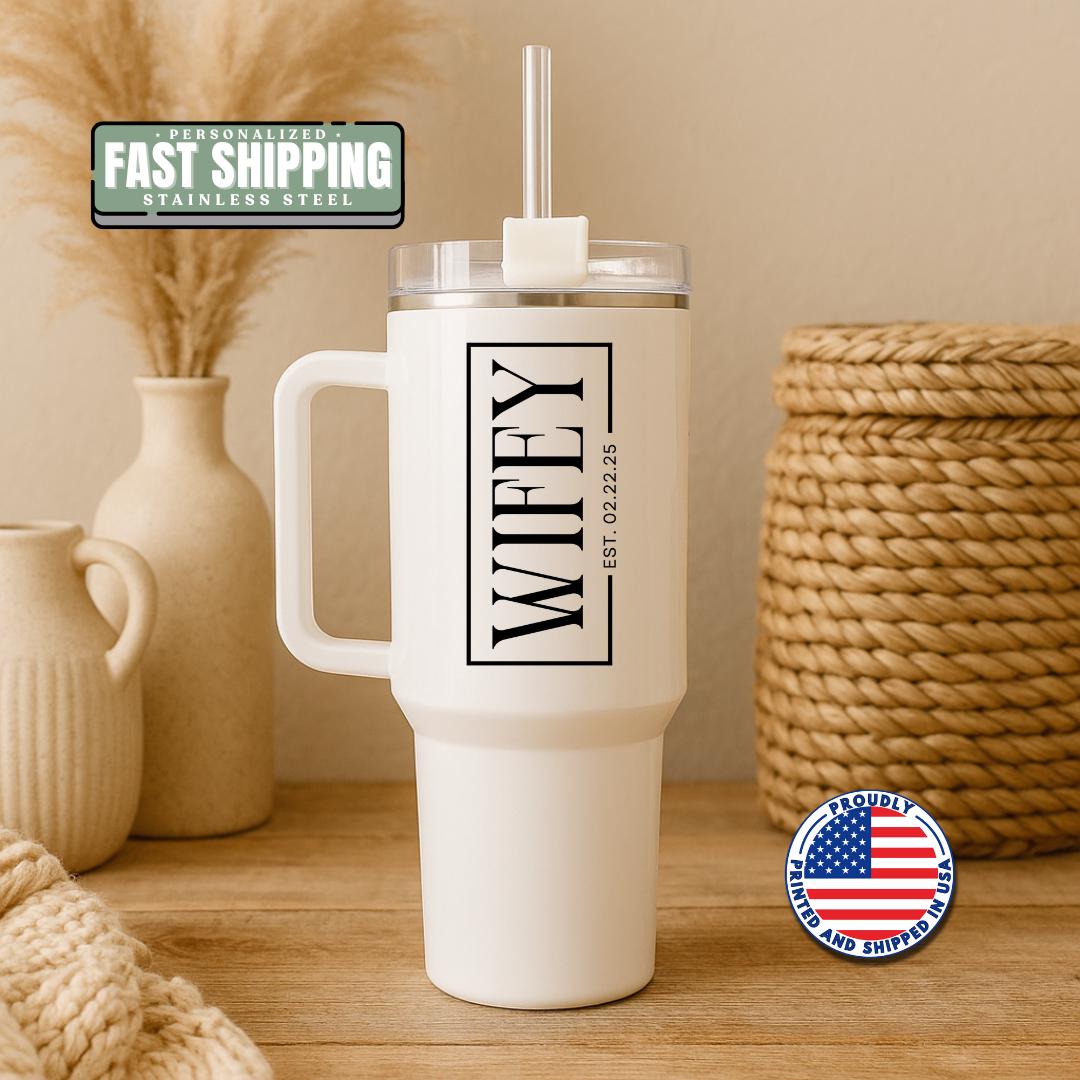 Personalized Wifey 40oz Tumbler with Handle & Straw Custom Engagement Gift for Bride Gift Idea Cup for Bachelorette Party and Bridal Shower