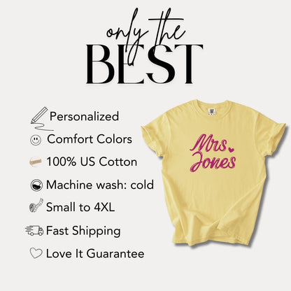 Personalized Bride T-Shirt with Name Wedding Gift Tee Engagement Gift for Her Honeymoon Shirt Mrs Shirt Bride to Be Shirt Bridal Shower Gift