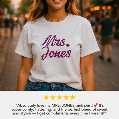 Personalized Bride T-Shirt with Name Wedding Gift Tee Engagement Gift for Her Honeymoon Shirt Mrs Shirt Bride to Be Shirt Bridal Shower Gift