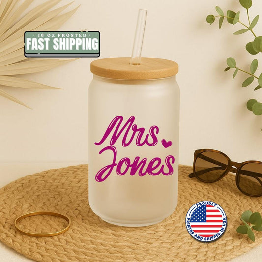 Personalized Bride Frosted Glass with Bamboo Lid & Straw Cup 16oz Custom Tumbler with Name Bride Gift Tumbler Bachelorette Party Gift