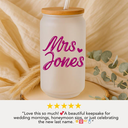 Personalized Bride Frosted Glass with Bamboo Lid & Straw Cup 16oz Custom Tumbler with Name Bride Gift Tumbler Bachelorette Party Gift