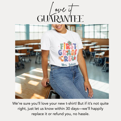 Personalized First Grade Crew T-Shirt Unisex Gift for Teachers Back to School Gifts Fun Classroom Outfit Idea Teacher Tee Appreciation Week