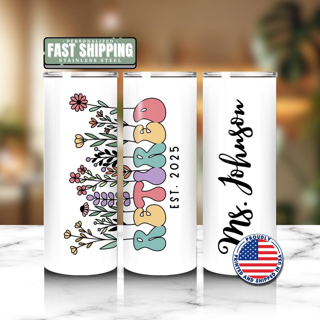 Personalized Retirement Tumbler 2025 20oz Skinny Tumbler with Straw Cute Gift for Retired Teacher, Nurse, Mom, Coworker Travel Cup for Women