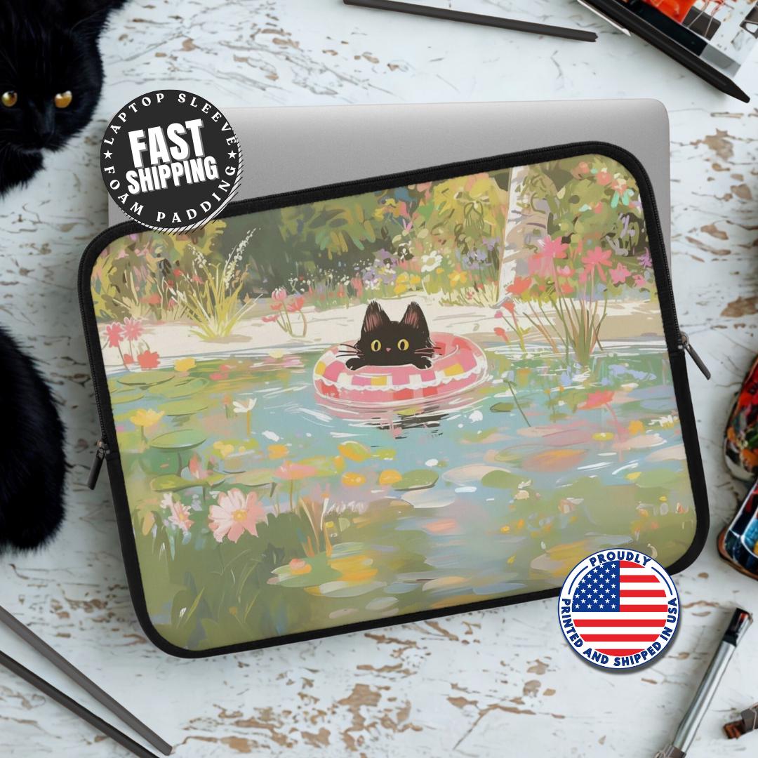 Cute Black Cat Laptop Sleeve Whimsical Art Laptop Case for Bookworms Artists & Cat Lovers Back to School Gift for Cat Lovers