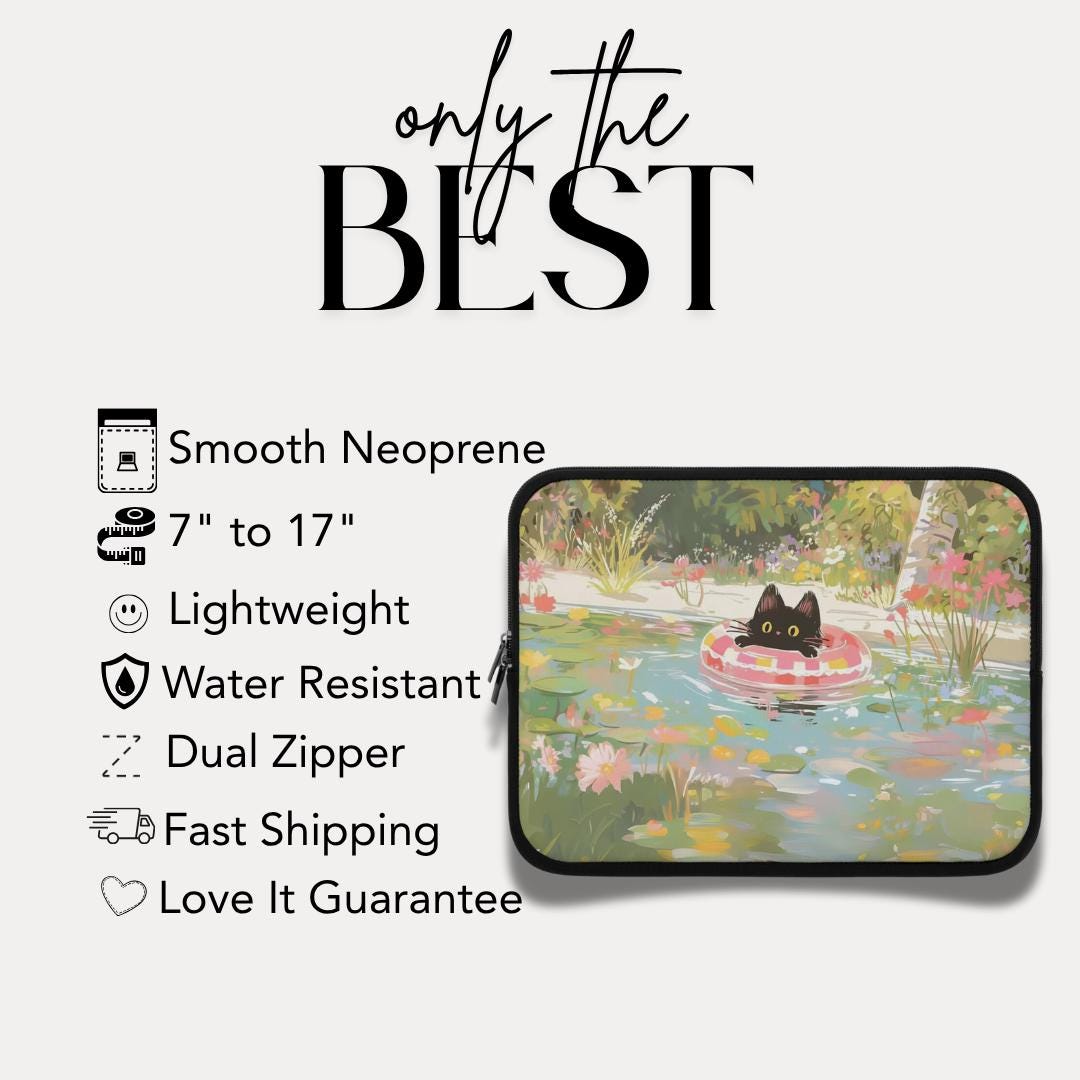 Cute Black Cat Laptop Sleeve Whimsical Art Laptop Case for Bookworms Artists & Cat Lovers Back to School Gift for Cat Lovers