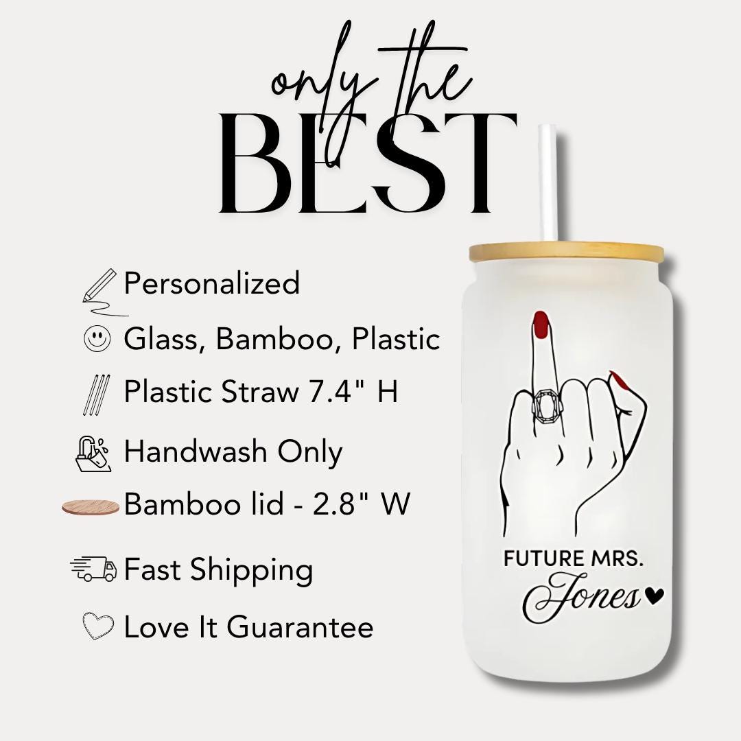 Personalized "Future Mrs" Frosted Glass with Bamboo Lid & Straw Cup 16oz Custom Bridal Shower Glass Bride-to-Be Cup Gift Engagement Tumbler