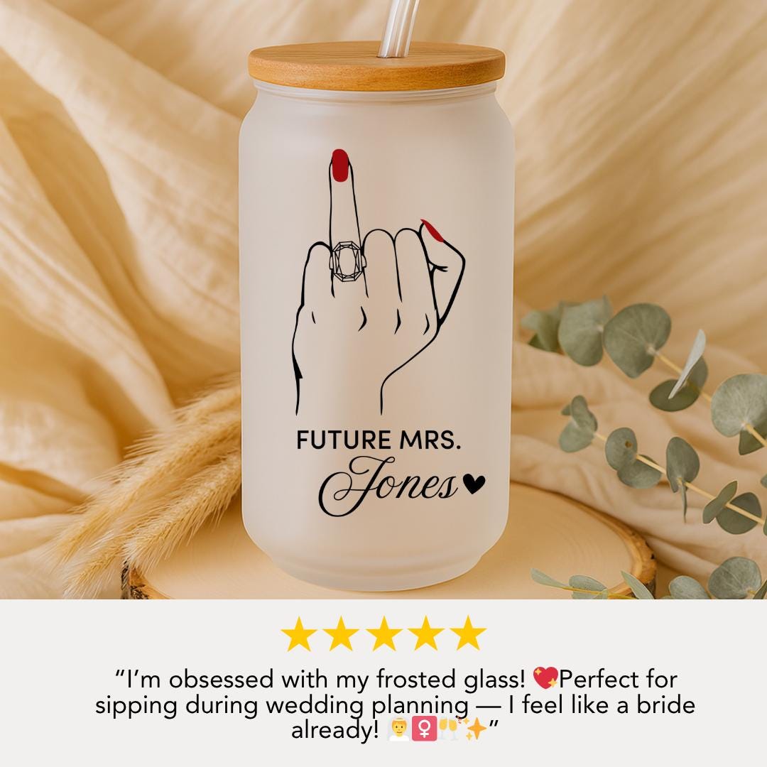 Personalized "Future Mrs" Frosted Glass with Bamboo Lid & Straw Cup 16oz Custom Bridal Shower Glass Bride-to-Be Cup Gift Engagement Tumbler