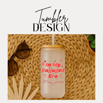 In My Engaged Era Personalized Frosted Glass Tumbler with Bamboo Lid & Straw Cup 16oz Custom Bride Cup with Name Bachelorette Party Glass
