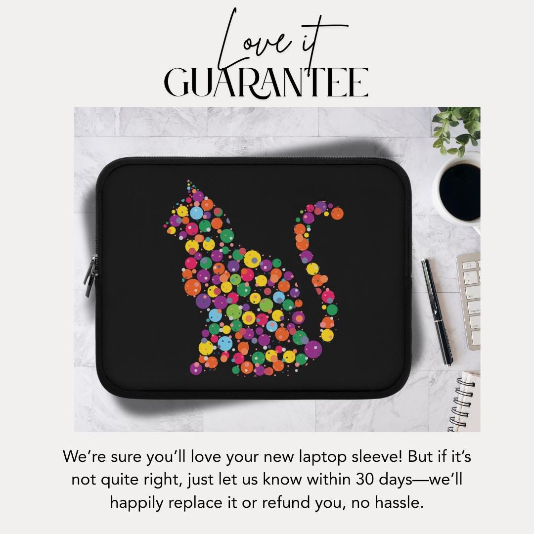 Colorful Cat Dot Art Laptop Sleeve Cute Kitty Design for Cat Lovers Fun & Artsy Gift for Pet Parents Tech Case Back to School Cat Gift