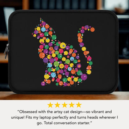 Colorful Cat Dot Art Laptop Sleeve Cute Kitty Design for Cat Lovers Fun & Artsy Gift for Pet Parents Tech Case Back to School Cat Gift
