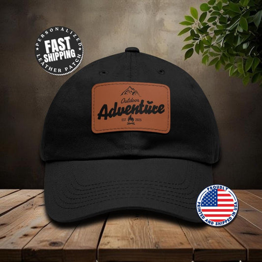Personalized Outdoor Adventure Leather Patch Hat Custom Unisex Hiking Cap Mountain Camping Dad Hat Gift for Nature Lovers Gift for Him