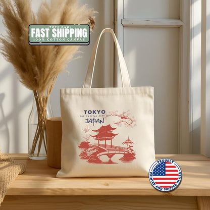 Tokyo Japan Scene Cotton Canvas Tote Bag Cherry Blossom Tote Bag Japan Tote for Travel Lovers Cultural Souvenir Gift from Tokyo Gift for Her