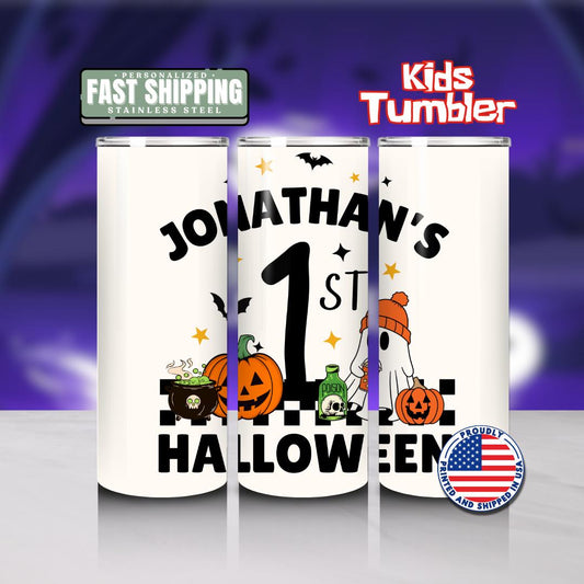 Personalized 1st Halloween Kids Tumbler 20 oz Skinny Tumbler Custom Kids Halloween Cup with Straw Halloween Tumbler Ghost & Pumpkin Design