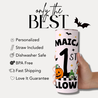 Personalized 1st Halloween Kids Tumbler 20 oz Skinny Tumbler Custom Kids Halloween Cup with Straw Halloween Tumbler Ghost & Pumpkin Design