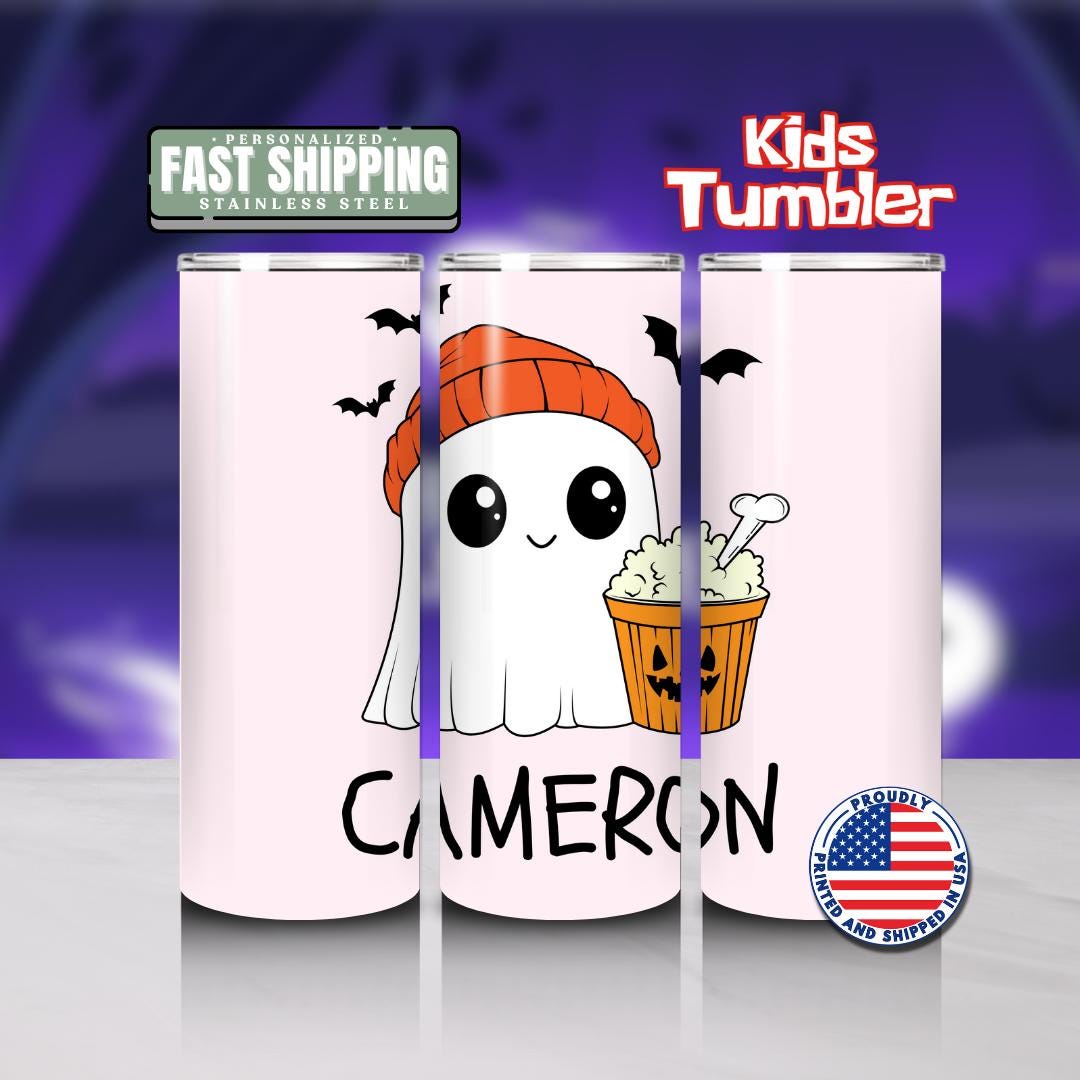 Personalized Halloween Ghost Tumbler for Kids 20 oz Skinny Tumbler with Name Trick or Treat Ghost Cup for Kids Cute Ghost with Popcorn & Bat