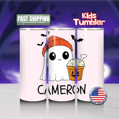 Personalized Halloween Ghost Tumbler for Kids 20 oz Skinny Tumbler with Name Trick or Treat Ghost Cup for Kids Cute Ghost with Popcorn & Bat