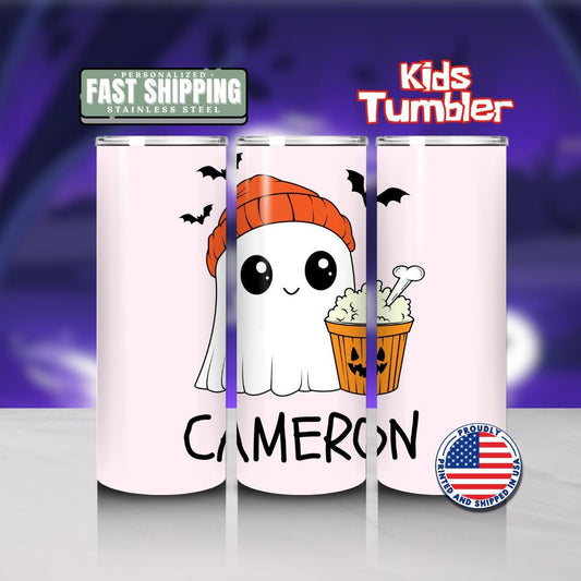 Personalized Halloween Ghost Tumbler for Kids 20 oz Skinny Tumbler with Name Trick or Treat Ghost Cup for Kids Cute Ghost with Popcorn & Bat