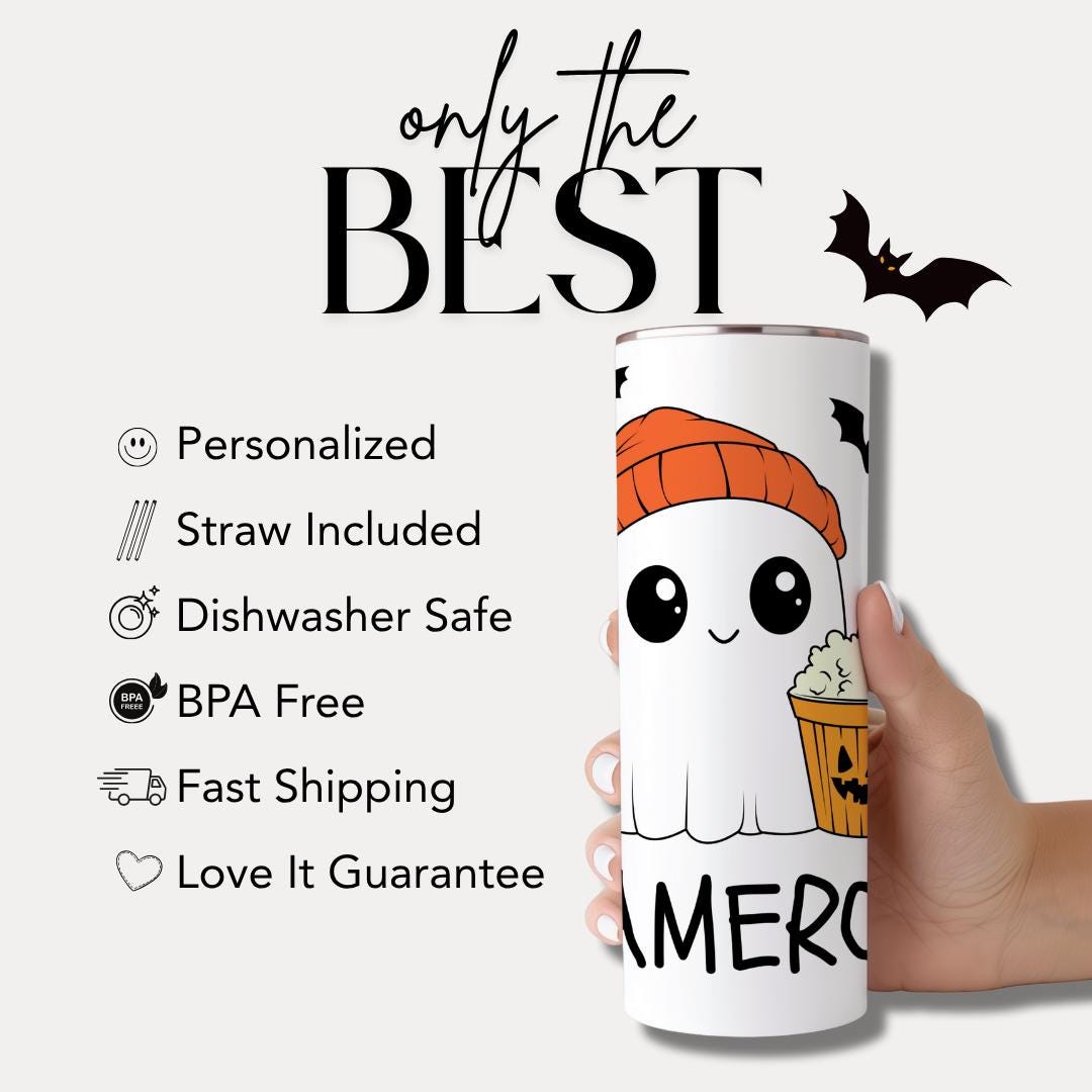Personalized Halloween Ghost Tumbler for Kids 20 oz Skinny Tumbler with Name Trick or Treat Ghost Cup for Kids Cute Ghost with Popcorn & Bat
