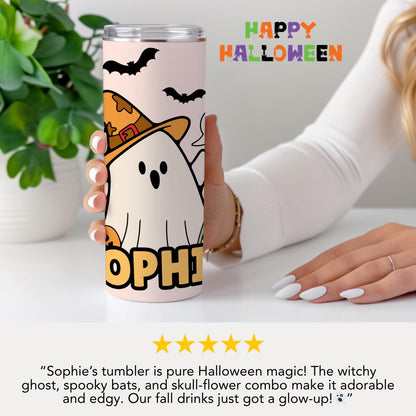 Personalized Halloween Kids Tumbler 20 oz Skinny Tumbler for Kids with Name Fall Trick-or-Treat Gift Idea Custom Name Gift for Halloween