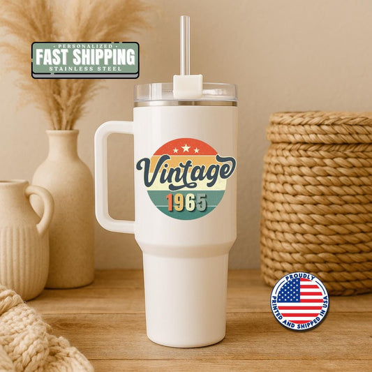 Personalized Vintage Year 40oz Tumbler with Handle & Straw Custom Travel Mug Funny Birthday Gift for Him, Dad, Grandpa Retro Year Design