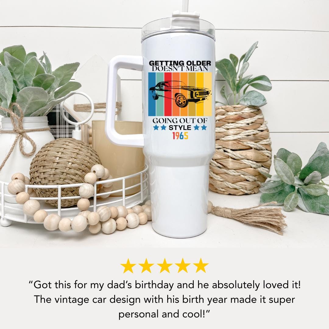 Personalized Classic Car 40oz Tumbler with Handle & Straw Custom Year Travel Mug Retro Muscle Car Birthday Gift for Dad, Grandpa, Husband