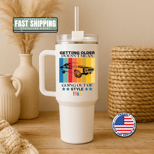 Personalized Classic Car 40oz Tumbler with Handle & Straw Custom Year Travel Mug Retro Muscle Car Birthday Gift for Dad, Grandpa, Husband