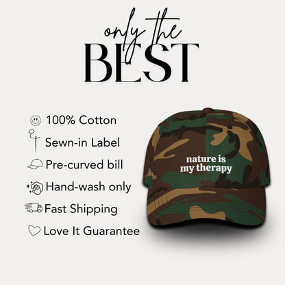 Classic Dad Cap Embroidered Nature is My Therapy Design Classic Adjustable Hat for Outdoor Lovers Gift for Nature Enthusiasts Father's Day