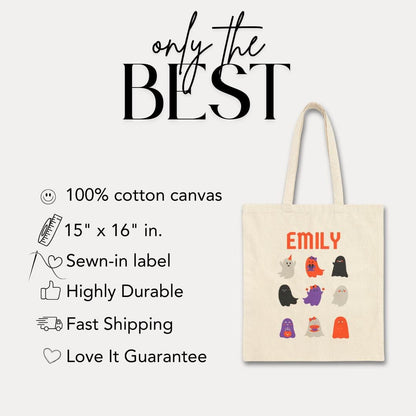 Personalized Cute Ghosts Cotton Canvas Tote Bag Halloween Tote Bag Adorable Trick-or-Treat Spooky Cute Tote Ghosties for Toddlers & Kids