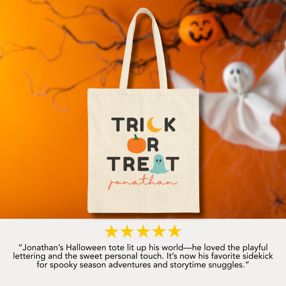Personalized Halloween Trick or Treat Cotton Canvas Tote Bag for Kids with Name Spooky Fall Bag for Toddlers Preschoolers & Little Monsters