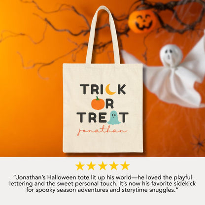 Personalized Halloween Trick or Treat Cotton Canvas Tote Bag for Kids with Name Spooky Fall Bag for Toddlers Preschoolers & Little Monsters