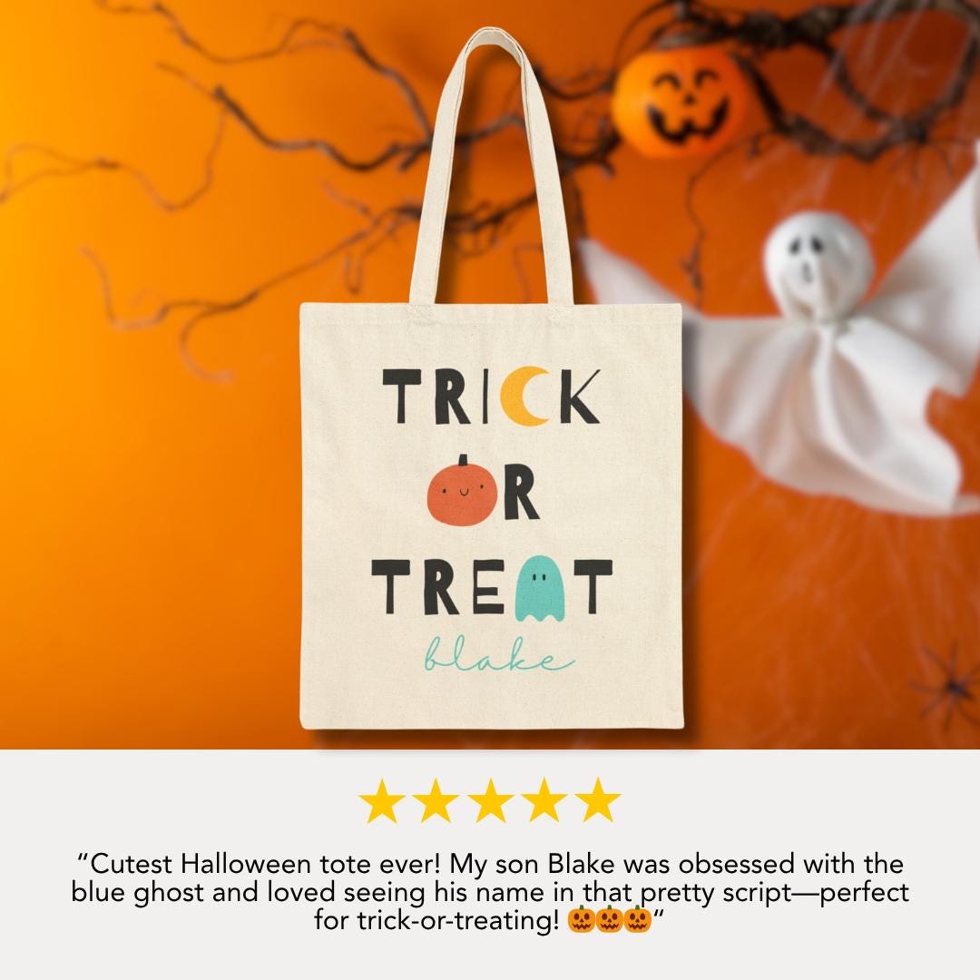 Personalized Halloween Trick or Treat Cotton Canvas Tote Bag Cute Pumpkin Ghost Design Bag For Halloween Parties & Trick Or Treating Fun