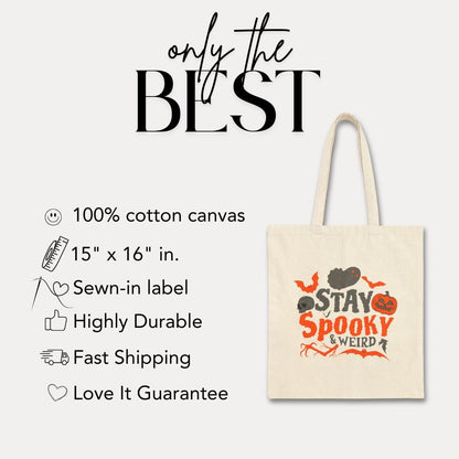 Stay Spooky & Weird Kids Halloween Cotton Canvas Tote Bag Cute Trick or Treat Canvas Bag for Kids Fun Halloween Party Gift Idea for Children