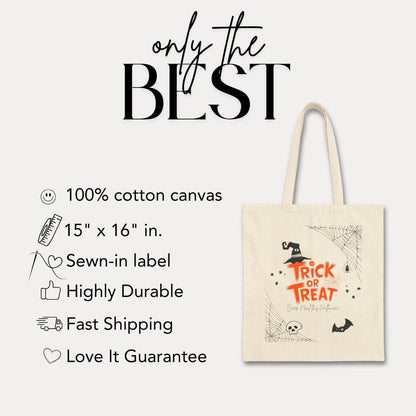 Spooky Fun Kids Halloween Cotton Canvas Tote Bag Perfect for Trick-Or-Treating Halloween Parties Fall Festivals Candy Hauling and School Use