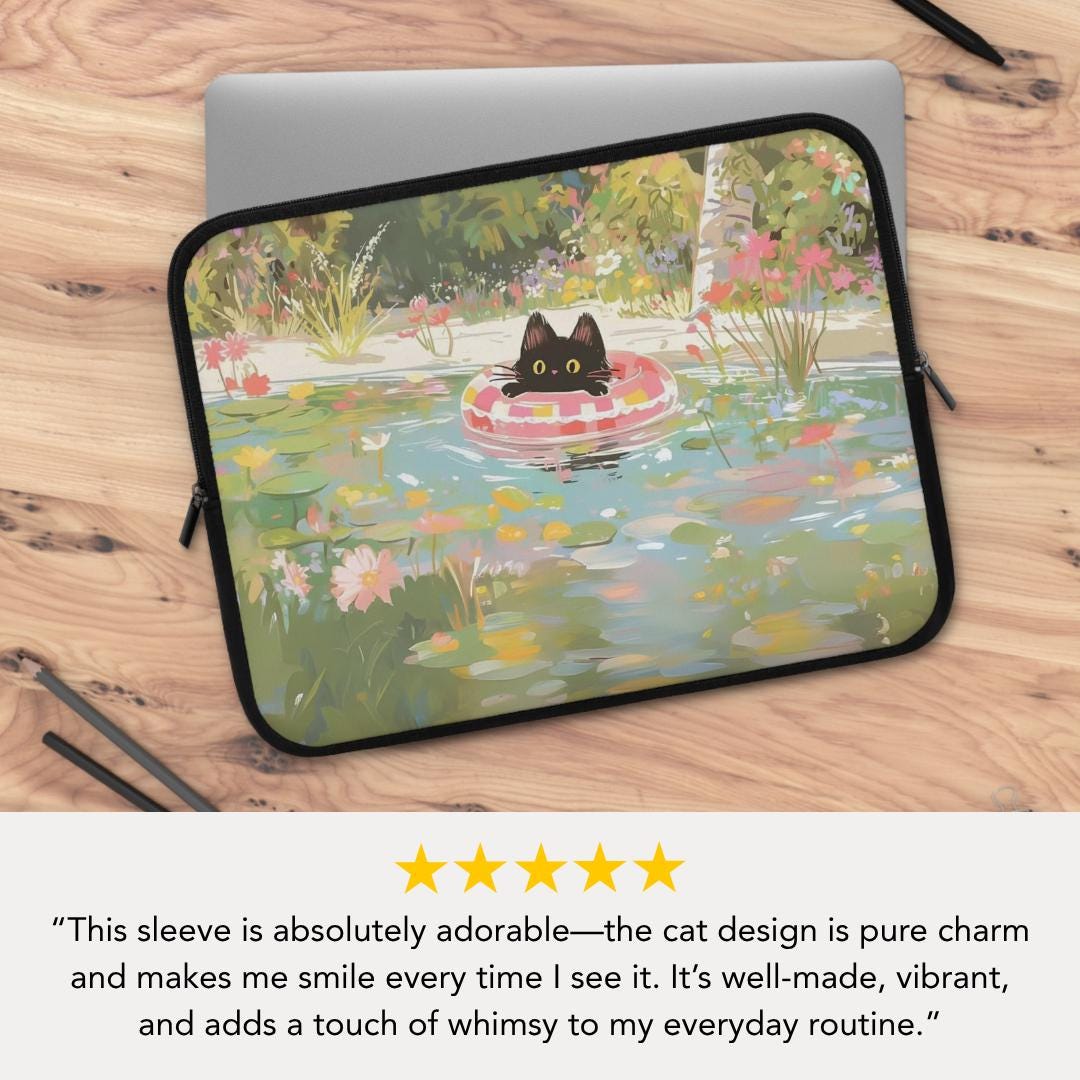 Cute Black Cat Laptop Sleeve Whimsical Art Laptop Case for Bookworms Artists & Cat Lovers Back to School Gift for Cat Lovers