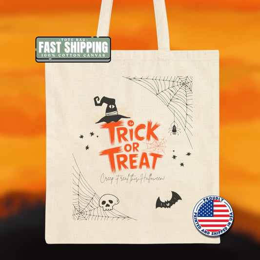 Spooky Fun Kids Halloween Cotton Canvas Tote Bag Perfect for Trick-Or-Treating Halloween Parties Fall Festivals Candy Hauling and School Use