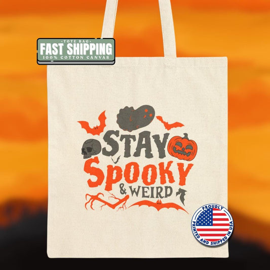 Stay Spooky & Weird Kids Halloween Cotton Canvas Tote Bag Cute Trick or Treat Canvas Bag for Kids Fun Halloween Party Gift Idea for Children
