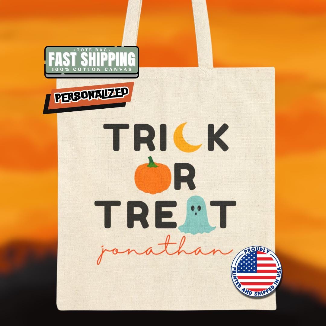 Personalized Halloween Trick or Treat Cotton Canvas Tote Bag for Kids with Name Spooky Fall Bag for Toddlers Preschoolers & Little Monsters
