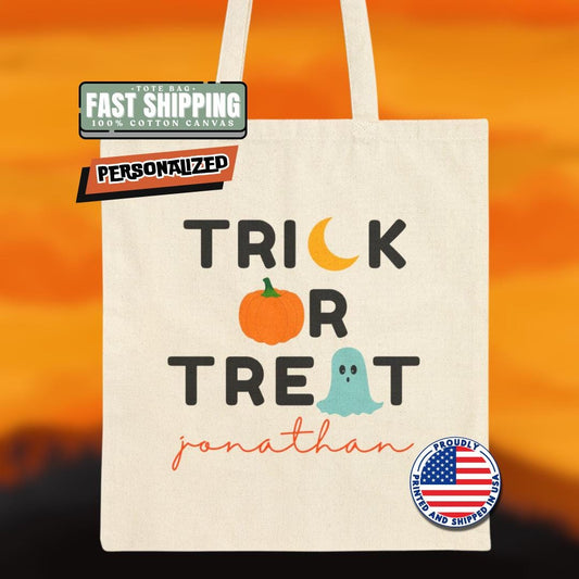 Personalized Halloween Trick or Treat Cotton Canvas Tote Bag for Kids with Name Spooky Fall Bag for Toddlers Preschoolers & Little Monsters