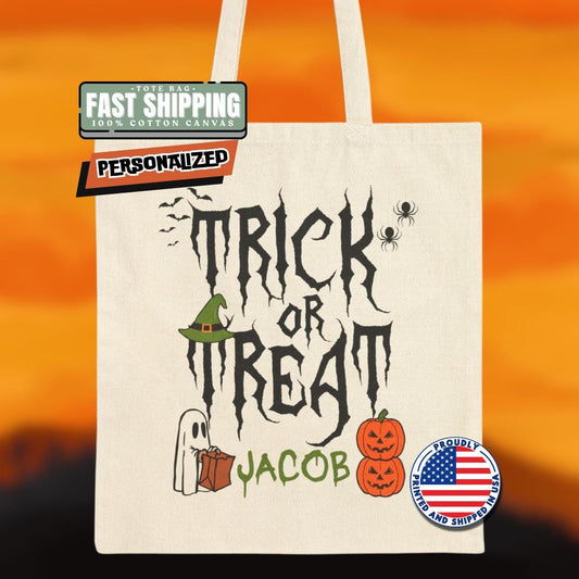 Personalized Trick or Treat Halloween Cotton Canvas Tote Bag for Kids Custom Name Candy Bag Cute Spooky Ghost Design Bag for Halloween Fun