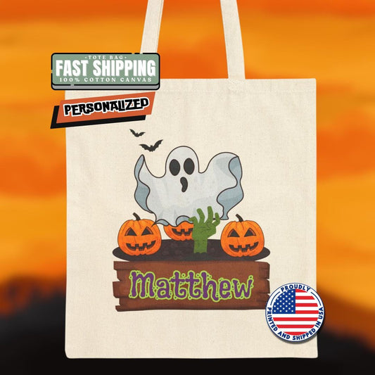 Personalized Spooky Halloween Cotton Canvas Tote Bag with Ghost and Pumpkins Custom Name Trick-or-Treat Bag Spooky & Fun Halloween Essential