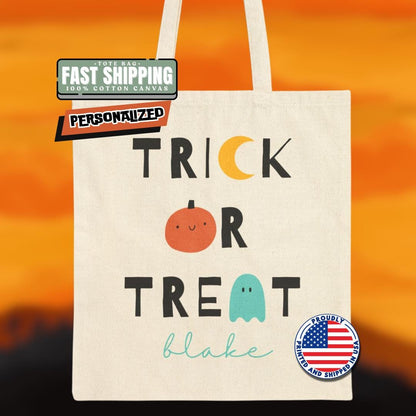 Personalized Halloween Trick or Treat Cotton Canvas Tote Bag Cute Pumpkin Ghost Design Bag For Halloween Parties & Trick Or Treating Fun