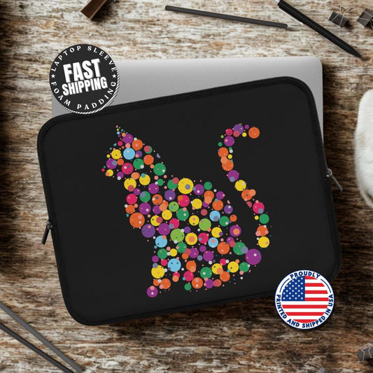 Colorful Cat Dot Art Laptop Sleeve Cute Kitty Design for Cat Lovers Fun & Artsy Gift for Pet Parents Tech Case Back to School Cat Gift