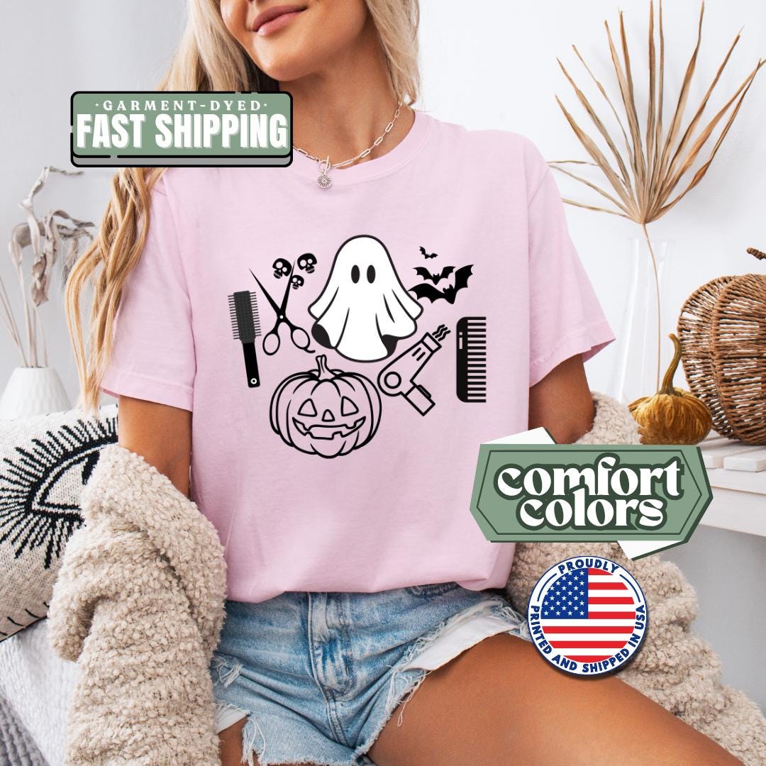 Spooky Cute Ghost Hair Stylists Comfort Colors T-Shirt Unisex Halloween Tee Fun Costume Hairdresser Shirt Autumn Apparel Halloween Outfit