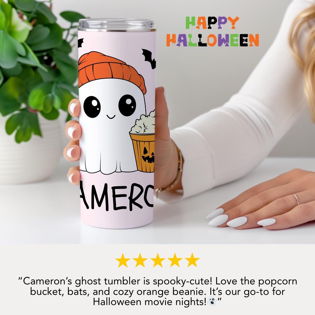 Personalized Halloween Ghost Tumbler for Kids 20 oz Skinny Tumbler with Name Trick or Treat Ghost Cup for Kids Cute Ghost with Popcorn & Bat