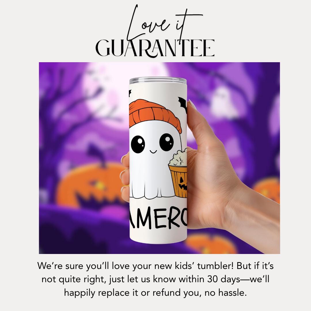 Personalized Halloween Ghost Tumbler for Kids 20 oz Skinny Tumbler with Name Trick or Treat Ghost Cup for Kids Cute Ghost with Popcorn & Bat