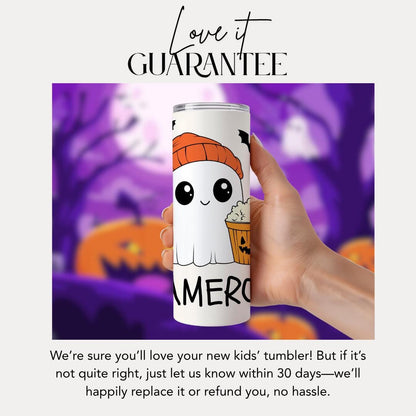 Personalized Halloween Ghost Tumbler for Kids 20 oz Skinny Tumbler with Name Trick or Treat Ghost Cup for Kids Cute Ghost with Popcorn & Bat