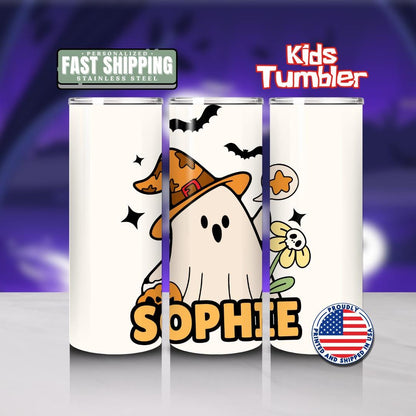 Personalized Halloween Kids Tumbler 20 oz Skinny Tumbler for Kids with Name Fall Trick-or-Treat Gift Idea Custom Name Gift for Halloween